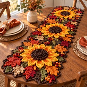 Schema per centrotavola all'uncinetto con girasoli / Foglie e bacche autunnali / Decorazione per la tavola autunnale / Centrotavola per il Giorno del Ringraziamento in formato PDF con conteggio dei punti