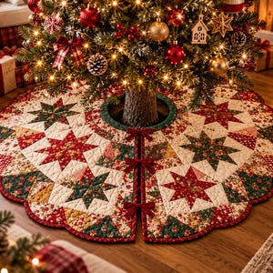 Modello PDF per gonna per albero di Natale trapuntata, patchwork a stelle, gonna per albero reversibile con bordo smerlato, 36 48 60 pollici, cucito natalizio vintage