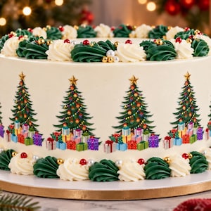 May include: A round cake with smooth white frosting, decorated with a repeating pattern of Christmas trees and colorful gift boxes. The top and bottom edges feature piped white and dark green frosting swirls with small gold and red edible beads.