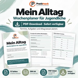 Könnte beinhalten: Ein digitaler Wochenplaner für Jugendliche mit dem Titel Mein Alltag, bestehend aus einem Deckblatt und zwei Innenseiten mit Feldern für Termine, Aufgaben und Ziele, bereitgestellt als druckbare PDF-Datei im DIN A4-Format.