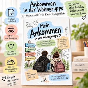 以下が含まれることがあります： Mein Ankommen in der Wohngruppeというタイトルのソフトカバーのアクティビティブック。バックパックを背負って階段に座る二人の子供のイラストが描かれています。表紙にはテキスト、4色の矢印がついた標識、個人の目標リストが含まれています。