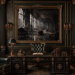 May include: A dark, ornate study featuring a large, rectangular painting of a ruined interior in a gold frame. The room includes a dark green leather tufted chair, a black wooden desk with gold accents, a green desk lamp, and built-in bookshelves.