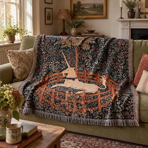 Medieval Unicorn Throw Blanket, Dark Forest Woven Bed Sofa Cover