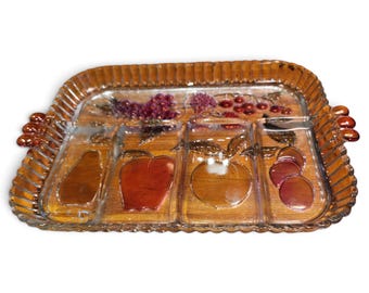 Vintage Amber Pressed Glass Divided Serving Tray Fruit Motif 4 Section Handles