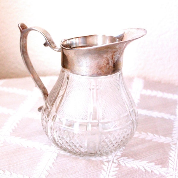 Cut Glass Vintage Creamer Pitch with Silverplate