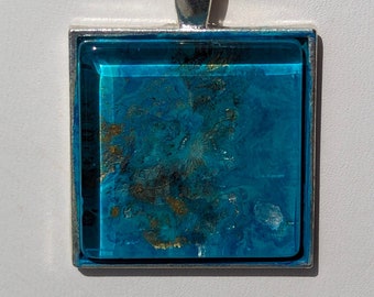 MARBLED Pendant / Necklace - Reverse Glass Painting - Turquoise & Gold - Square- Inspirational Art Piece by Inner Art Peace