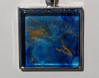 MARBLED Pendant / Necklace - Reverse Glass Painting - Blues & Gold - Square- Inspirational Art Piece by Inner Art Peace
