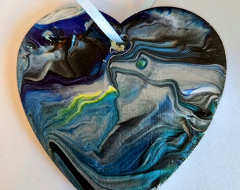 MARBLED HEART Ornament - Blues & Silver - Inspirational Art Piece by Inner Art Peace - Handmade - CHRISTMAS