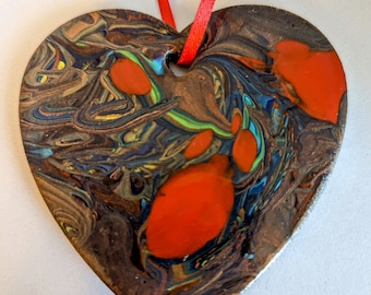 MARBLED HEART Ornament - Red & Copper - Inspirational Art Piece by Inner Art Peace - Handmade - VALENTINE