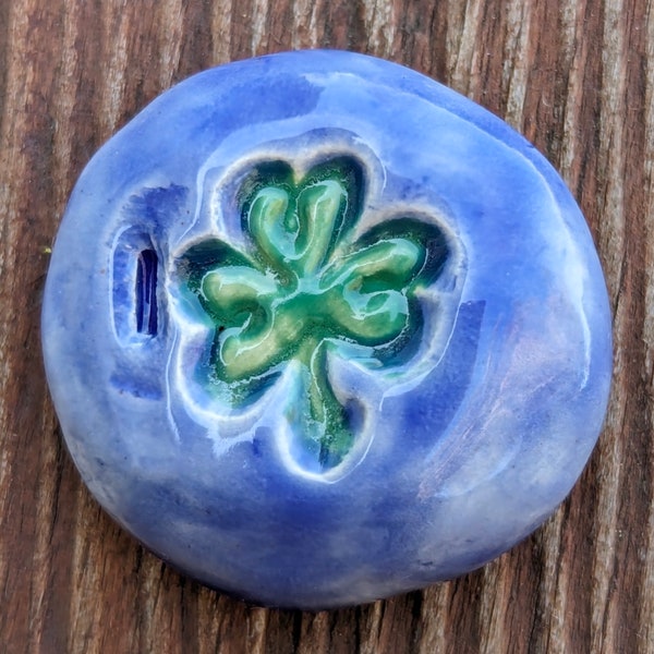 TINY SHAMROCK Pocket Stone - Sapphire Blue & Green Art Glazes - Inspirational Art Piece by Inner Art Peace - Handmade