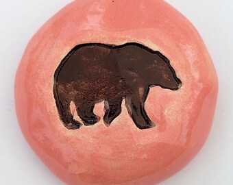 BEAR Pocket Stone - CORAL PINK Art Glaze - Inspirational Art Piece by Inner Art Peace