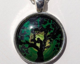 TREE SILHOUETTE Pendant / Necklace - Reverse Glass Painting - Green & Gold - Inspirational Art Piece by Inner Art Peace - Handmade