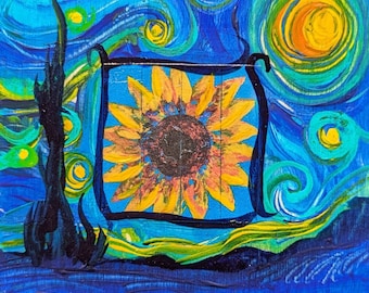 STARRY NIGHT SUNFLOWER Painting - Inspirational Art Piece by Kimberly Castor, Inner Art Peace - Hand-Painted Original - Mixed-Media - Signed