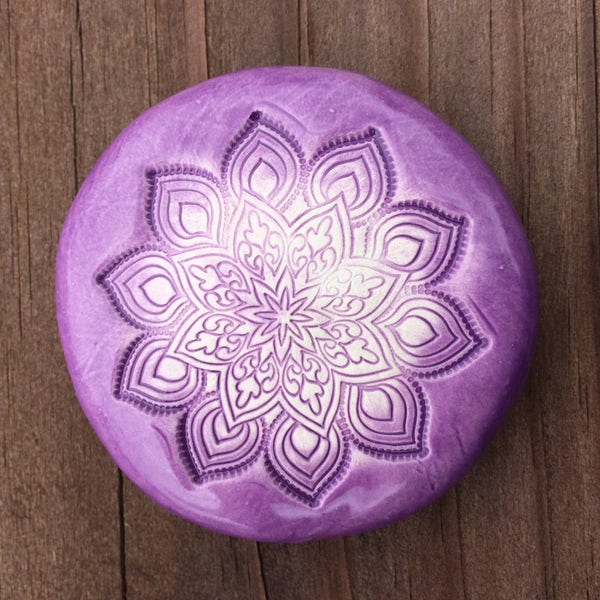 Pocket Stone "MANDALA FLOWER" - Ceramic - Amethyst Purple Art Glaze - Inspirational Art Piece