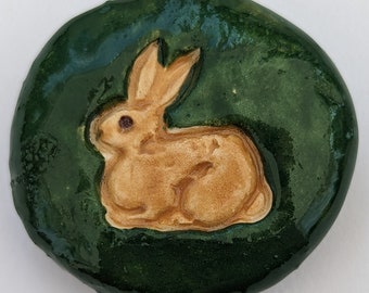 BUNNY RABBIT Pocket Stone - Tan & Myrtle Green Art Glazes - Inspirational Art Piece by Inner Art Peace - WOODLAND