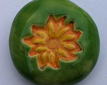 SUNFLOWER Pocket Stone - HAND-PAINTED - Art Glaze - Inspirational Art Piece by Inner Art Peace - Green