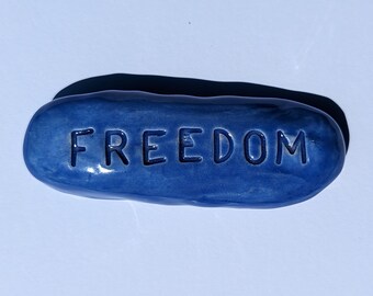 FREEDOM Pocket Stone - Vivid Blue Art Glaze - Inspirational Art Piece by Inner Art Peace