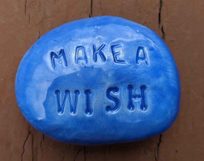 Make A Wish Pocket Stone Medium Blue Art Glaze Inspirational Art Piece By Inner Art Peace Fountain - 