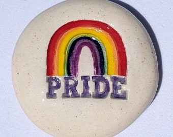 PRIDE w/ RAINBOW Pocket Stone - Hand-Glazed - Inspirational Art Piece by Inner Art Peace - LGBTQ+