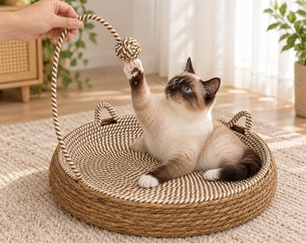 Woven Cat Bed with Cat Ear, Rattan Pet Bed, Natural Cat Furniture, Pet Accessories, Cat Lover Gift, Gifts for Pet Sitters
