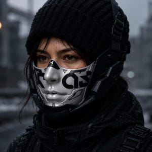 May include: A black knit beanie worn with a silver and black face mask featuring geometric patterns and black lettering. The mask covers the nose and mouth area, integrating with a black headgear frame that extends along the sides of the face.