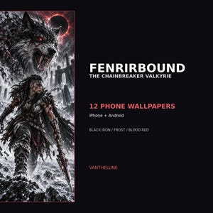 Op de afbeelding: Een digitale afbeelding met een krijger met een speer en kettingen, een grote wolf en de tekst FENRIRBOUND THE CHAINBREAKER VALKYRIE, 12 PHONE WALLPAPERS, iPhone + Android, BLACK IRON / FROST / BLOOD RED en VANTHELUNE op een zwarte achtergrond.