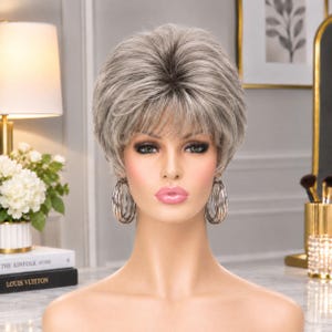Short Silver Ash Grey Wavy Pixie Synthetic Wig with Bangs