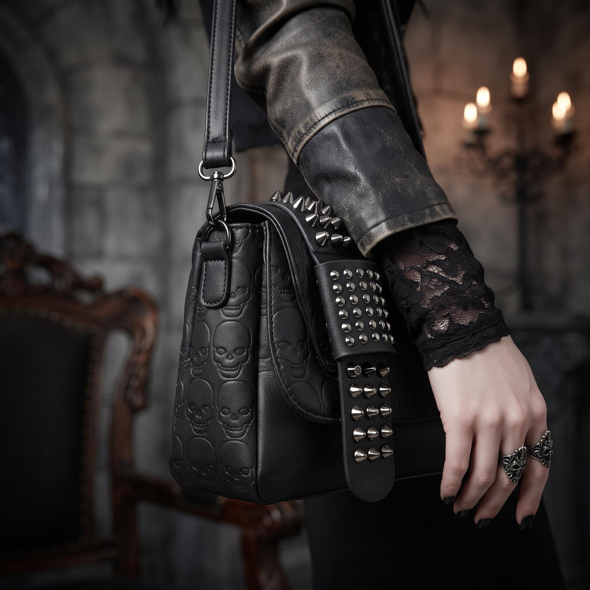Black Leather Spike Shoulder Bag - Etsy