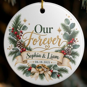 Personalized Wedding Ornament – Our Forever Wedding – Gold Script Keepsake