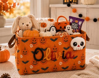 Personalisierter Grusel-Geschenkkorb für Kinder, individueller Halloween-Geschenkkorb, bestickter Namenskorb, schaurig-schöne Überraschungsbox