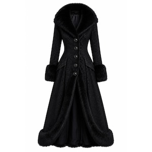 May include: A long black coat featuring a textured damask pattern, a large faux fur collar, faux fur cuffs, and a faux fur trim along the front opening. The coat is fitted at the waist and fastens with five round black buttons down the centre front.