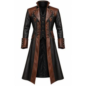 May include: A long coat featuring a black and brown color scheme with a high collar, lapels, and long sleeves. The garment includes a front button closure, decorative buttons on the cuffs, and a layered design with a vest-like front panel.