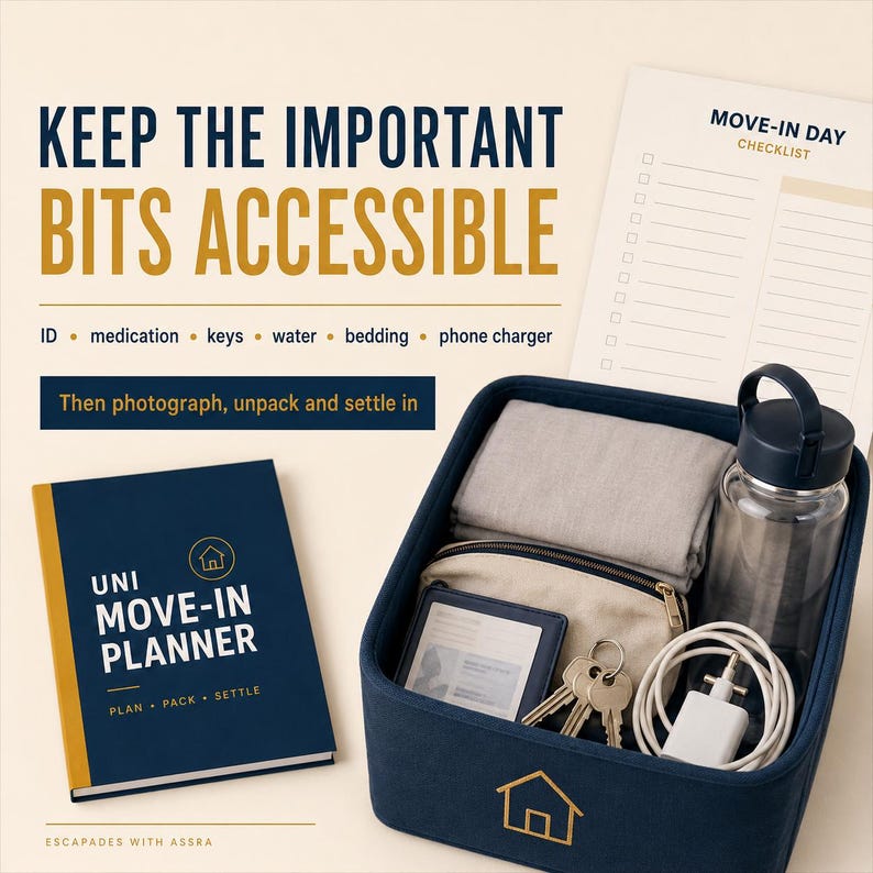 May include: A navy blue storage bin containing a clear water bottle, a beige pouch, a folded grey cloth, a set of keys, and a white phone charger. Beside it is a navy blue Uni Move-In Planner and a Move-In Day Checklist with text about keeping items accessible.