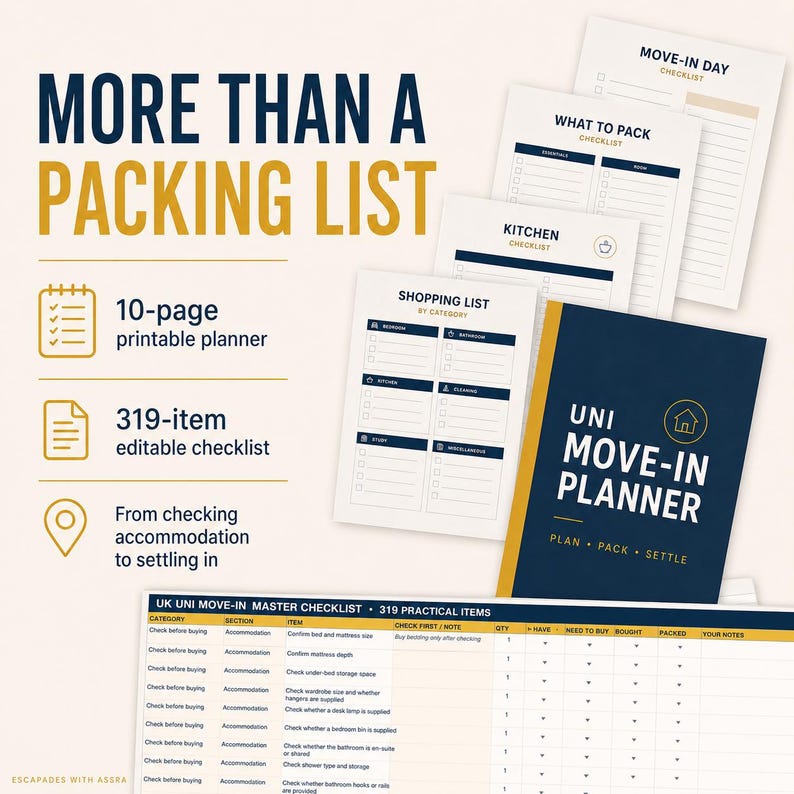 May include: A 10-page printable Uni Move-In Planner with a 319-item editable checklist. The set includes pages for shopping, kitchen, packing, and move-in day. The design features navy blue and gold text on white paper, with a master checklist table.