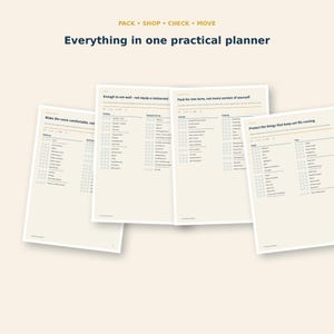May include: A multi-page planner with off-white paper and dark blue text. The header reads PACK &bull; SHOP &bull; CHECK &bull; MOVE and Everything in one practical planner. The pages contain organized checklists for bedroom, bathroom, cooking, dining, laundry, and tech.