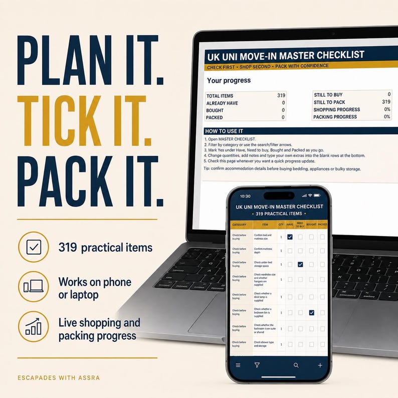 May include: A digital UK Uni Move-In Master Checklist displayed on a laptop and smartphone screen. The interface features progress tracking for 319 items, categorized lists, and checkboxes. Text includes PLAN IT. TICK IT. PACK IT. and Escapades with Assra.