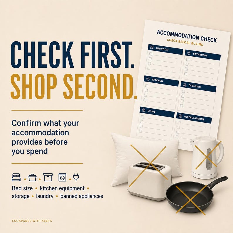 May include: A checklist titled ACCOMMODATION CHECK with sections for bedroom, bathroom, kitchen, cleaning, study, and miscellaneous. Text reads CHECK FIRST. SHOP SECOND. Includes icons for bed, pot, box, washer, and plug, with a pillow, toaster, kettle, and pan.