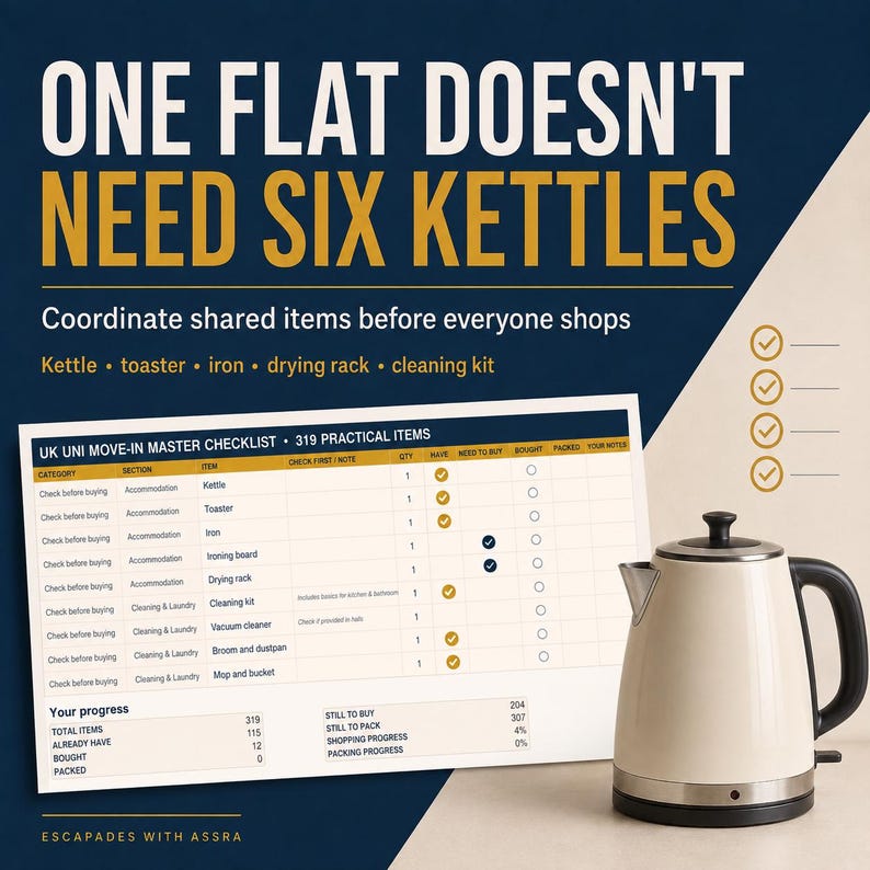 May include: A digital checklist titled UK UNI MOVE-IN MASTER CHECKLIST with 319 practical items, displayed next to a cream-colored electric kettle with a black handle and base. The text reads ONE FLAT DOESN'T NEED SIX KETTLES and lists items.