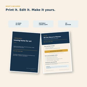 May include: A digital university move-in planner template set featuring a 10-page A4 PDF and an editable Canva copy. The document includes text titled Leaving home for uni and UK Uni Move-In Planner with sections for packing, shopping, and moving.