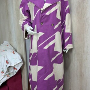 Women's Purple Abstract Print Long Coat | Double Breasted Statement Overcoat | Geometric Pattern Maxi Coat