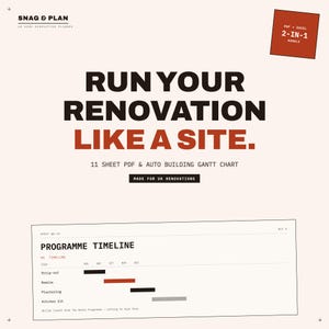 Op de afbeelding: Een digitale woningrenovatieplanner genaamd SNAG & PLAN met de tekst RUN YOUR RENOVATION LIKE A SITE. Het document bevat een PDF van 11 vellen en een automatisch opgebouwde Gantt-grafiek, met een rood vak met PDF + EXCEL 2-IN-1 BUNDLE.