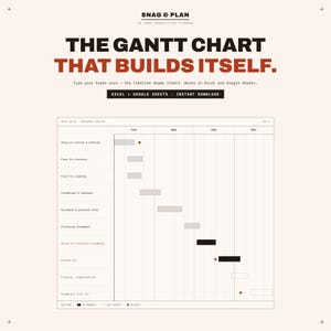 Op de afbeelding: Een digitaal Gantt-grafieksjabloon voor het plannen van woningrenovaties genaamd Snag & Plan. Het document bevat een tijdlijnraster met taken zoals het strippen van keuken en badkamer, elektra en loodgieterswerk, compatibel met Excel en Google Sheets.