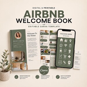Può includere: Un modello di libro di benvenuto Airbnb digitale e stampabile in verde oliva e bianco. Il set include un documento multipagina con segnaposto per il testo, uno smartphone che mostra un menu di icone e una scheda di check-in, modificabile su Canva.
