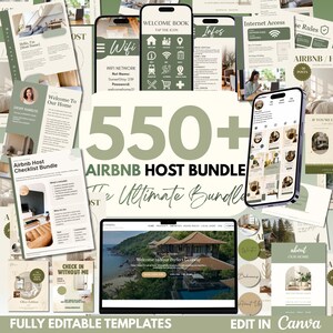 Könnte beinhalten: Ein digitales Marketing-Paket für Airbnb-Gastgeber mit über 550 bearbeitbaren Vorlagen in Salbeigrün und Creme. Die Sammlung umfasst Willkommensbücher, Social-Media-Beiträge, Checklisten für Gastgeber und Website-Layouts auf Smartphones und Laptop.
