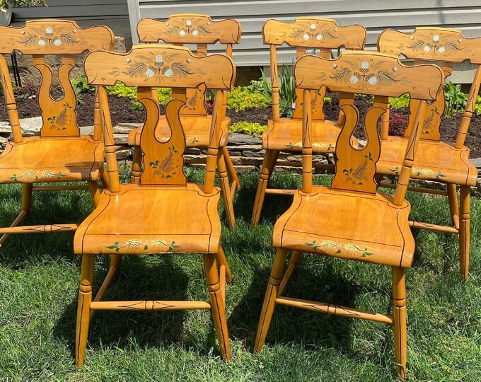 Set of Six 6 Vintage Folk Art Oak Painted Wood Dining Chairs Amish