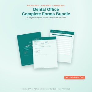 Könnte beinhalten: Ein druckbares Formularpaket für Zahnarztpraxen mit 25 Seiten für Patientenformulare und Checklisten. Das Set enthält ein dunkelblaugrünes Deckblatt, ein Anmeldeformular für neue Patienten sowie ein Protokoll zur Sterilisation und Infektionskontrolle.