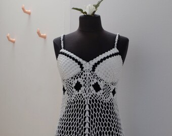 Swimsuit Cover up// Crocheted Dress// Handmade Women's Clothing // Black and White Dress// Bohemian Beachwear// Summer Dress