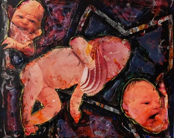 Mixed Media Artwork// Macabre Collage Painting// Acrylic and Paper on Canvas// Meat Babies