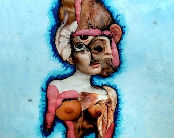 ミックスメディアアートワーク// 表現主義コラージュ絵画// サイケデリックなウォールアート