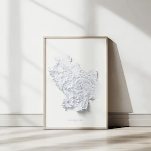 Könnte beinhalten: Ein gerahmter vertikaler Wandkunstdruck mit einer weißen dreidimensionalen Reliefkarte der Region Basilikata. Die Karte zeigt detaillierte topografische Strukturen mit Schatten, und der Text BASILICATA ist in kleinen schwarzen Buchstaben unten gedruckt.